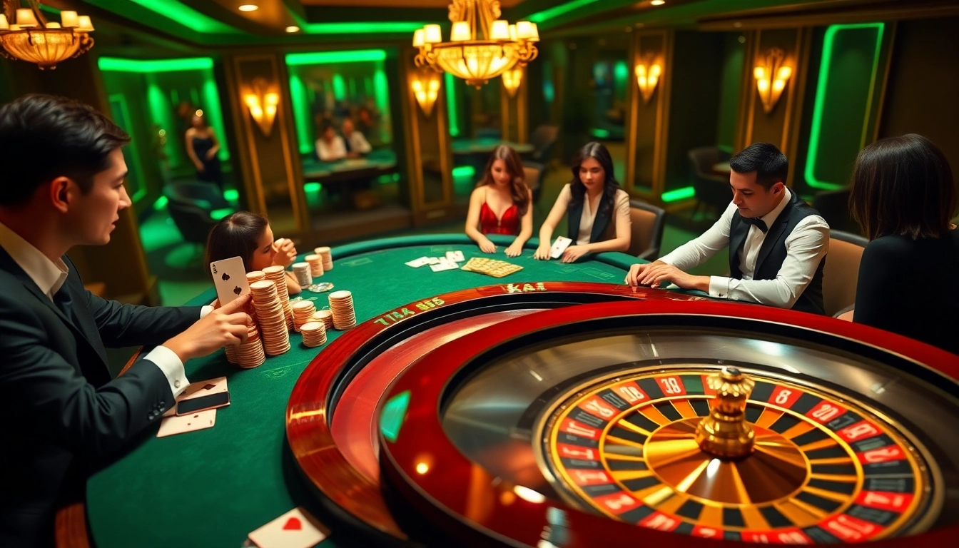 Engaging TX88 online casino scene with poker players, roulette, and vibrant table setup.
