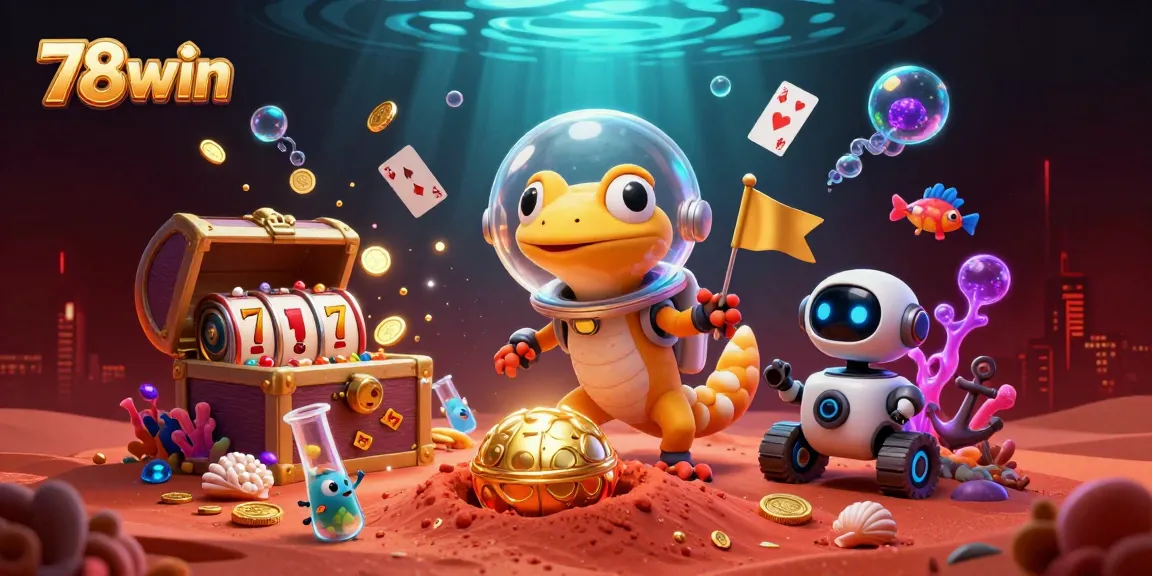 Experience winning moments at 78win with our vibrant casino adventure illustration featuring a Martian gecko.