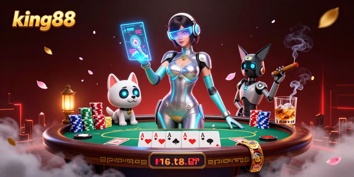 Experience the thrill of king88 with an advanced casino scene featuring a futuristic woman, robot dog, and poker elements.