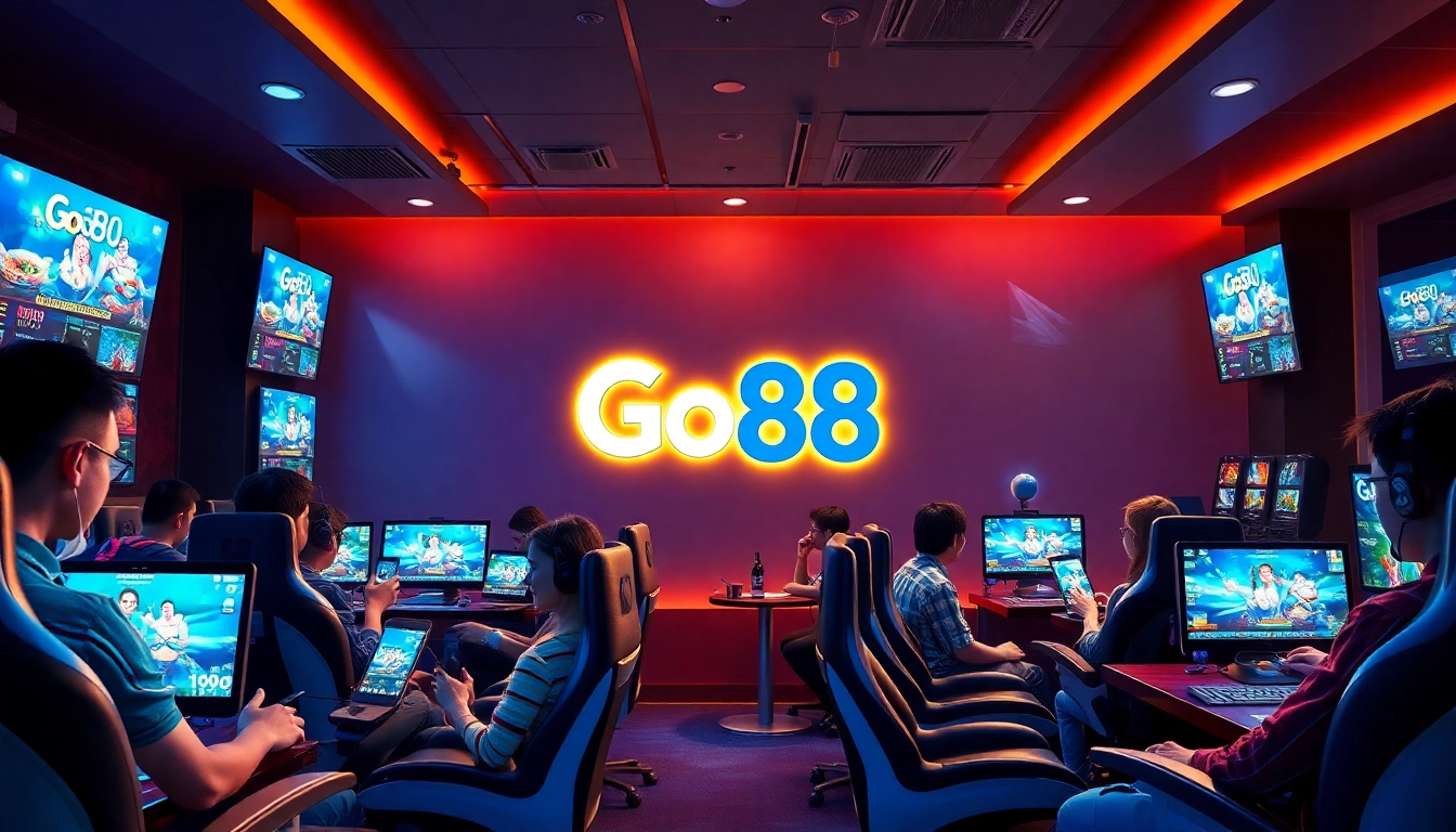 Engaged gamers enjoying the Go88 online gaming platform in a vibrant lounge setting.