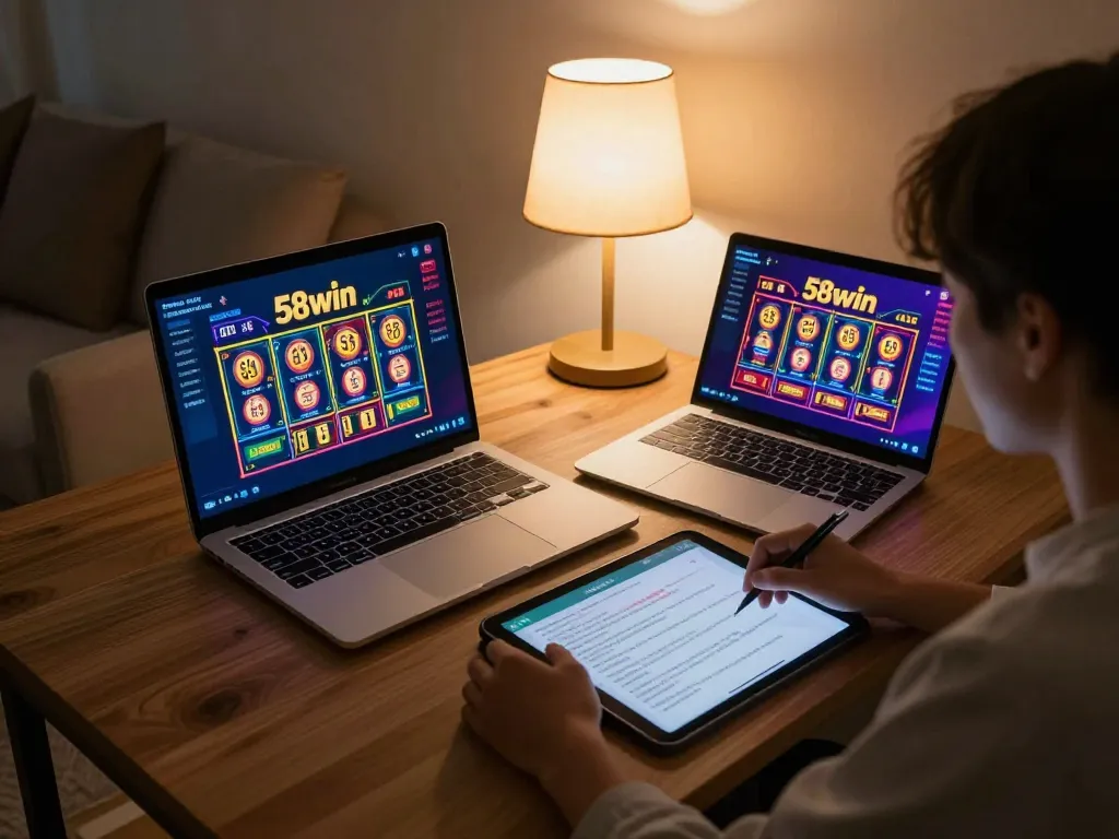Player engaging with the 58win online casino interface at home, showcasing exciting gameplay