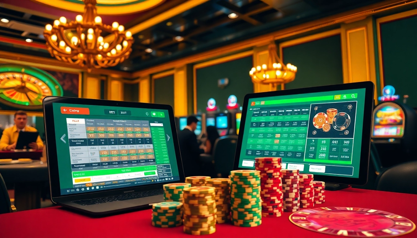 Engage in the thrilling experience of lô đề online with a vibrant casino scene featuring digital betting interfaces and colorful lottery tickets.