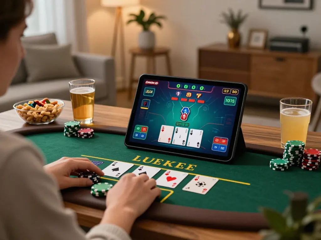 Player enjoying a live dealer blackjack game on SHBET tablet in a cozy home setting.