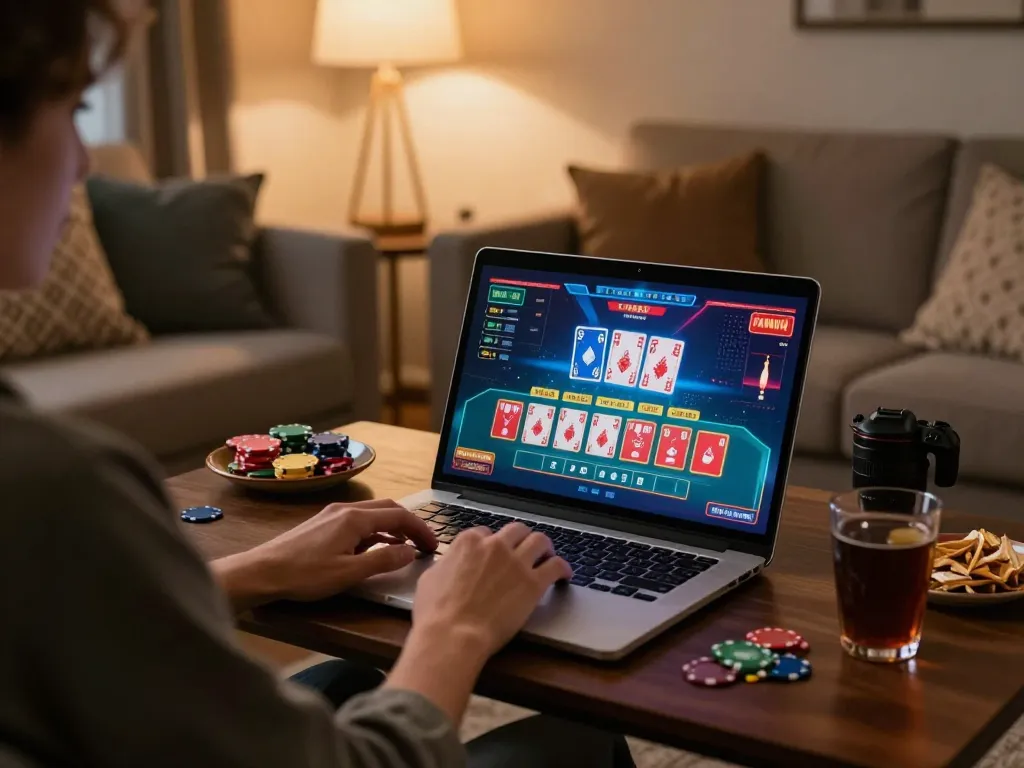 Enjoying engaging gameplay on good88's online casino platform from a cozy living room.