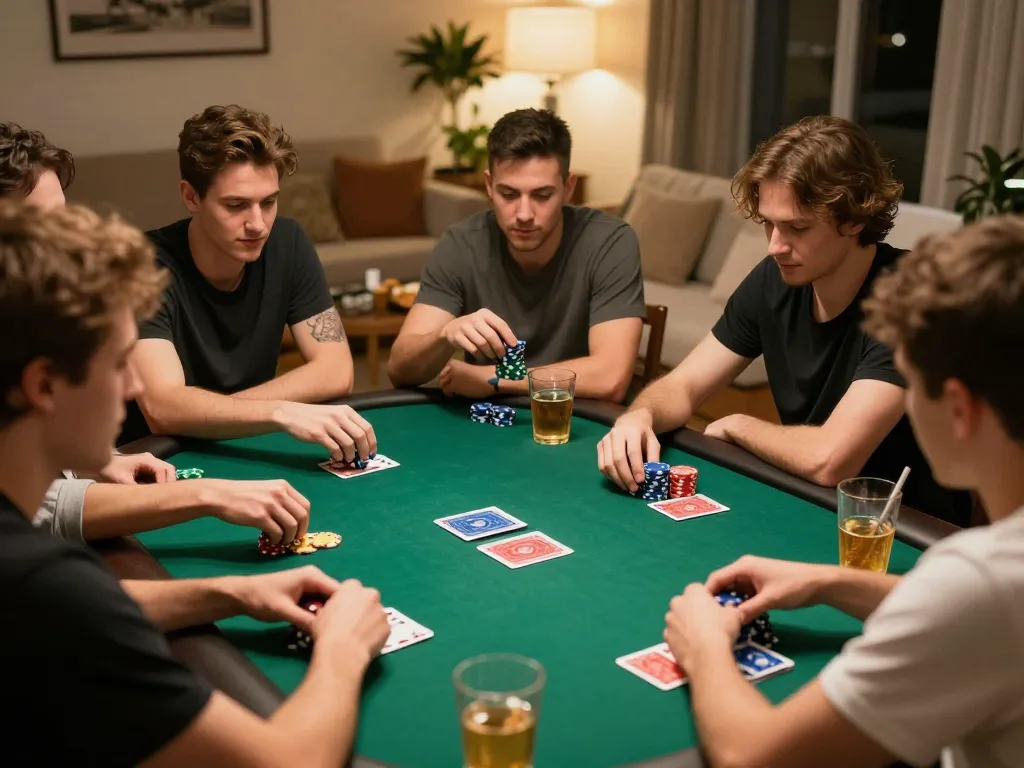 Friends enjoying a poker night, strategizing around the table; ty le keo nha cai in action.