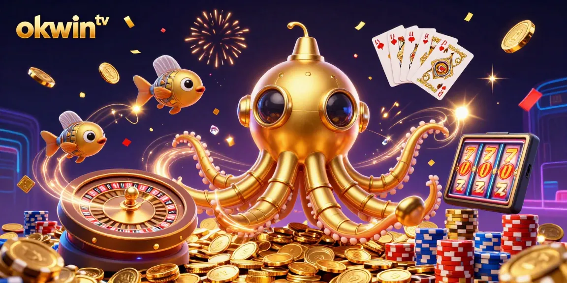 Play exciting casino games with okwin tv, featuring a golden kraken, coins, and vibrant gambling elements.