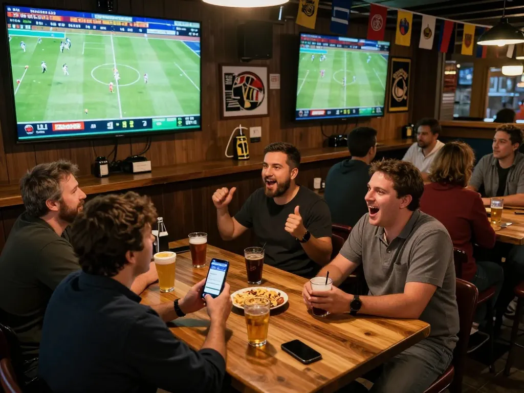 Socolive app showcasing live sports betting while fans enjoy a game at a vibrant sports bar.