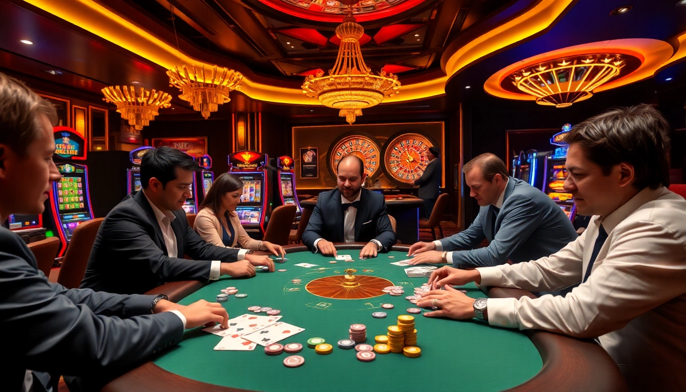 Engaging players enjoying a thrilling poker game at 789P casino with vibrant slot machines.