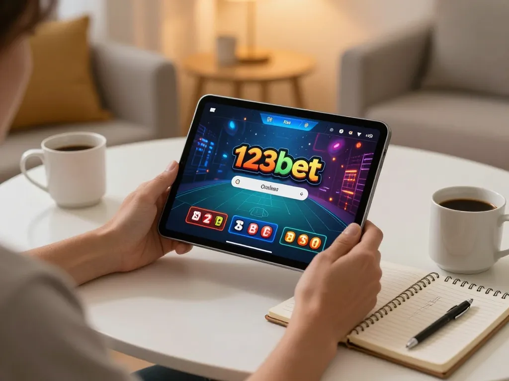 Engaging with 123bet on a tablet for strategic gambling from home, showcasing a cozy gaming environment