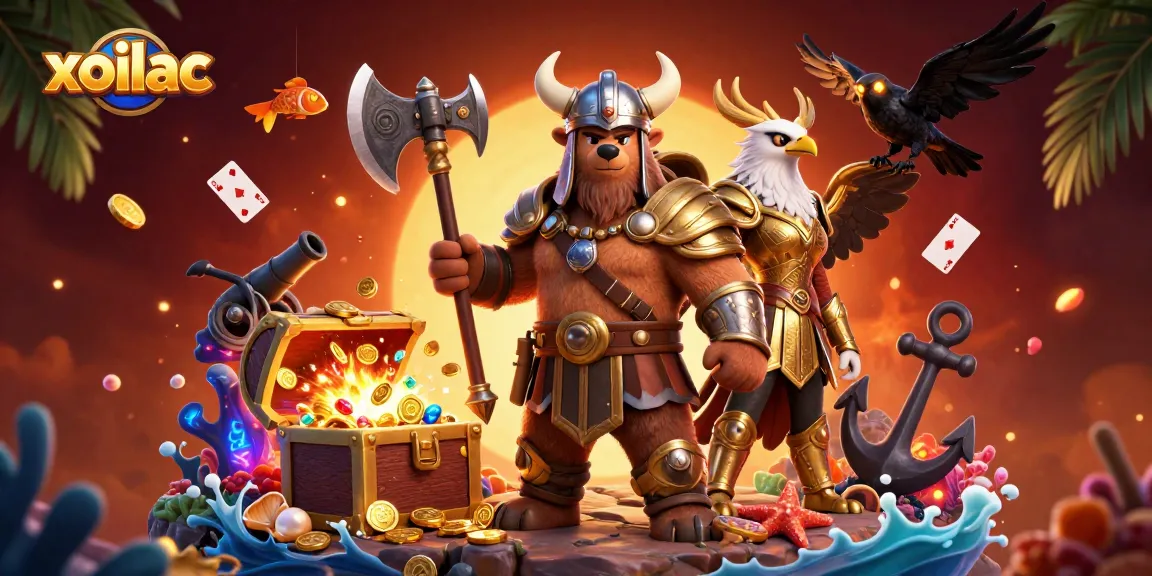 Xoilac engages viewers with a gripping gambling atmosphere, featuring a Viking bear amidst gold treasures, all in vibrant colors.