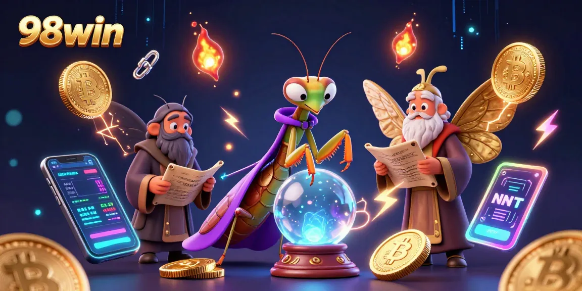 Bet and win big with 98win in an ultra-detailed casino-themed digital illustration showcasing vibrant game elements.