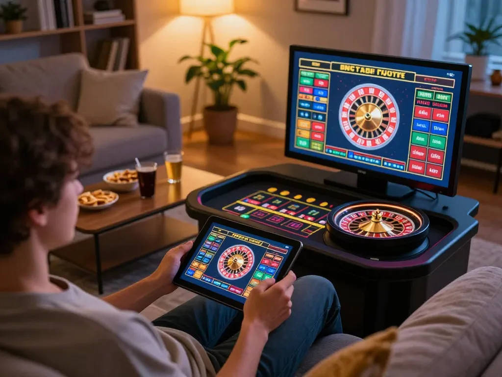 Engaging in live dealer roulette gameplay at home with kubet79 on a tablet, showcasing a dynamic gaming scene.