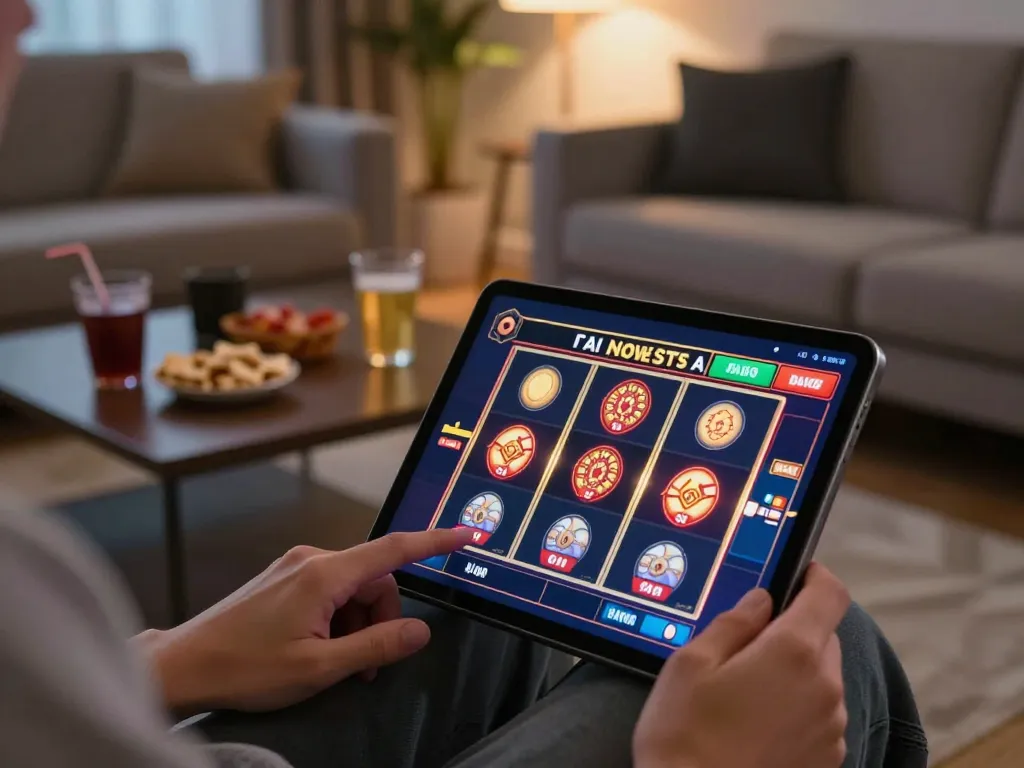 Engaging in exciting slot gameplay on LLWIN's online platform from a cozy living room setting