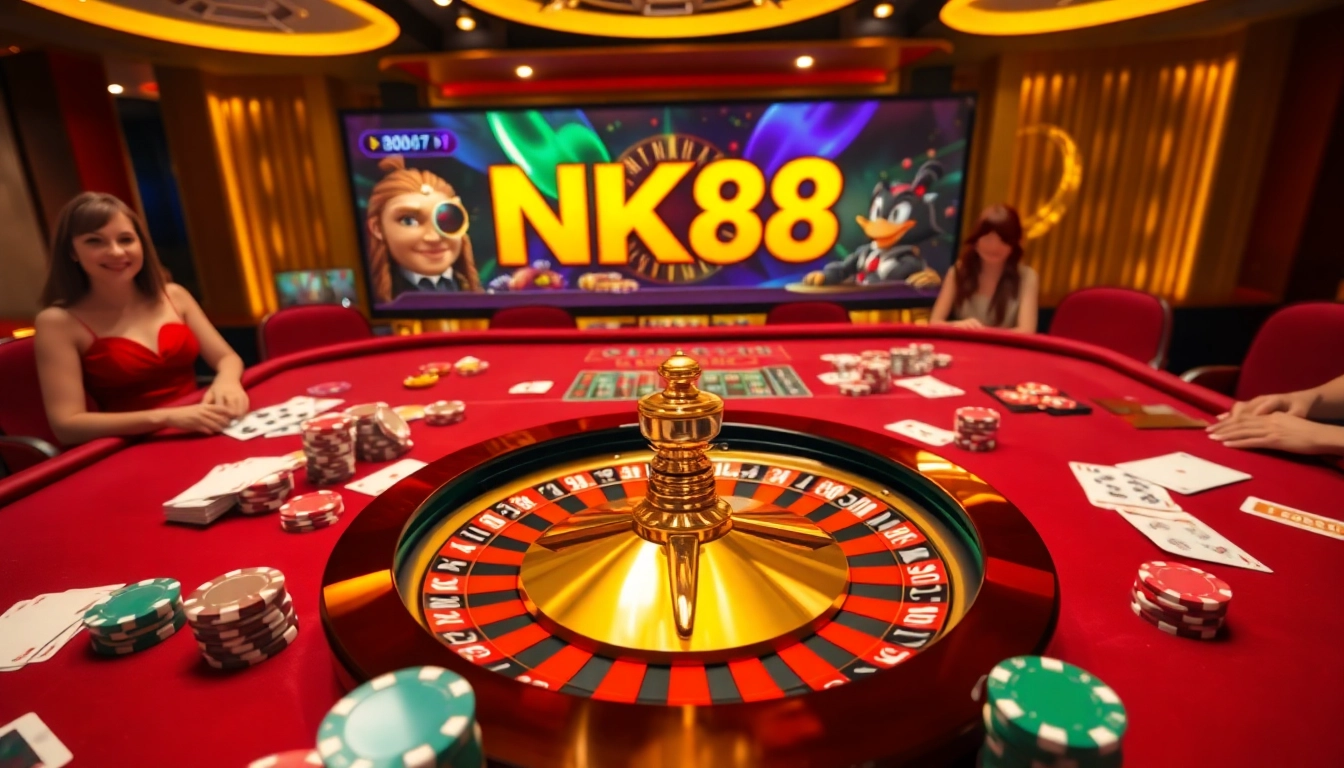 Exciting casino scene at NK88 showcasing high-stakes games and vibrant gambling atmosphere.