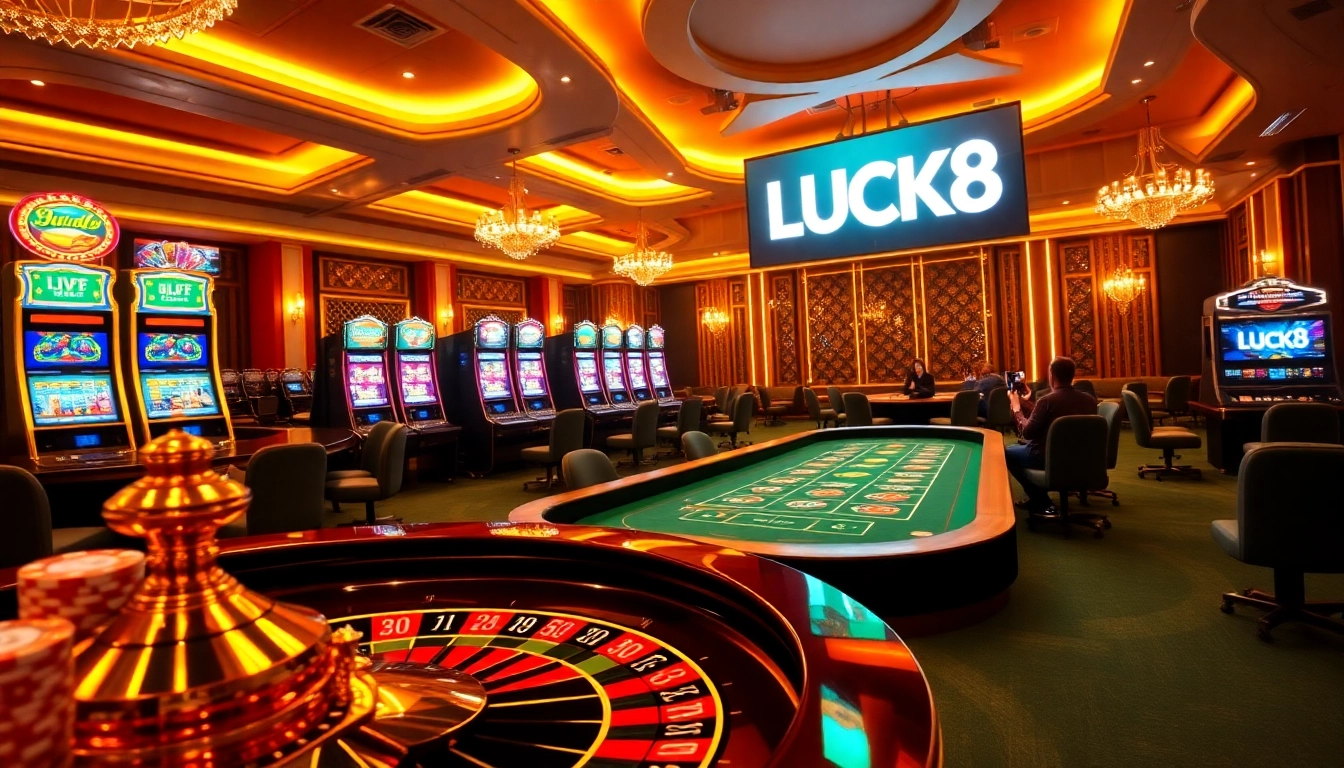LUCK8 players engaging in thrilling online gambling at luxurious casino tables.