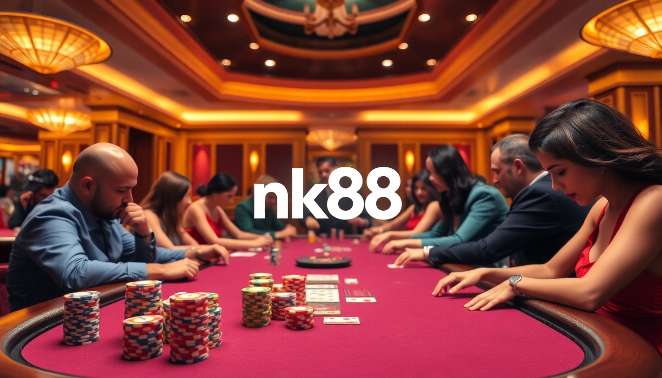 Exciting poker gameplay at a casino featuring nk88 logo, vibrant poker chips, and cards.