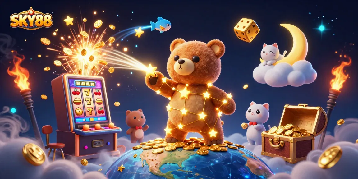 Immerse in the enchanting world of SKY88 with a 3D constellation bear scooping coins amidst thrilling casino elements.