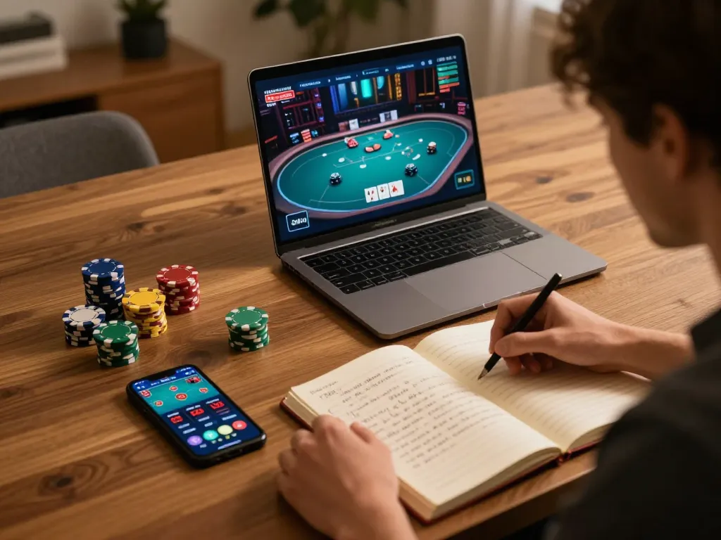 86bet player strategizing in a cozy online poker setup, showcasing betting excitement and home comfort