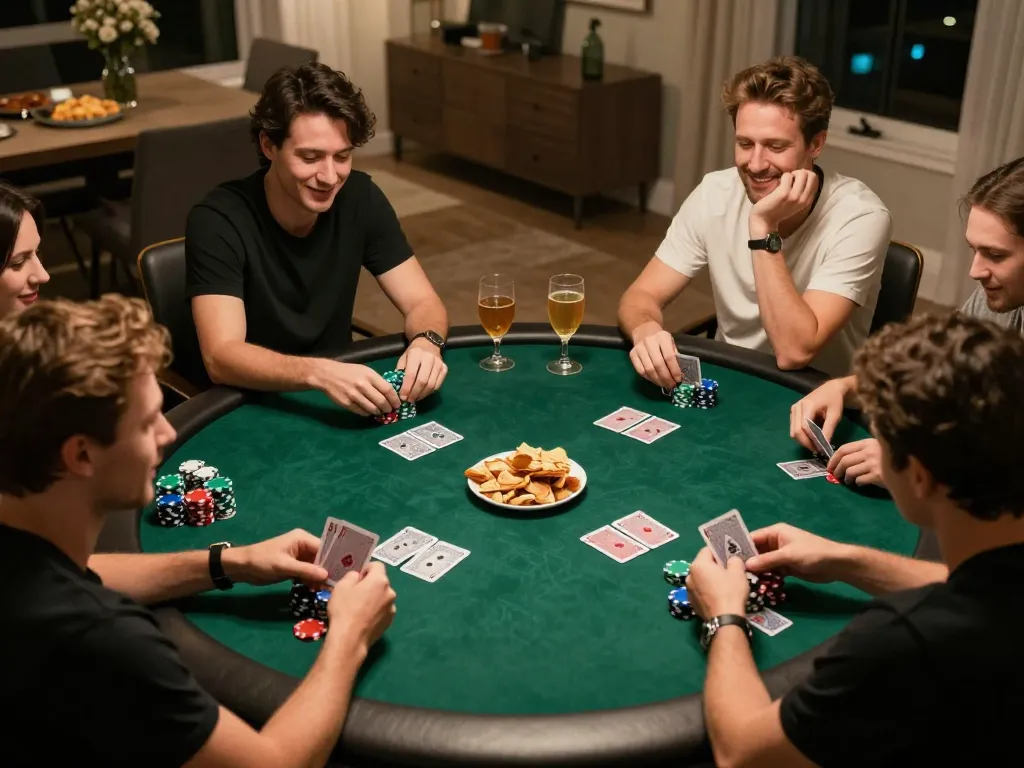 Friends enjoying a poker night at home, engaging in strategic gameplay together, enhancing their fun at https://tx88.rent/.