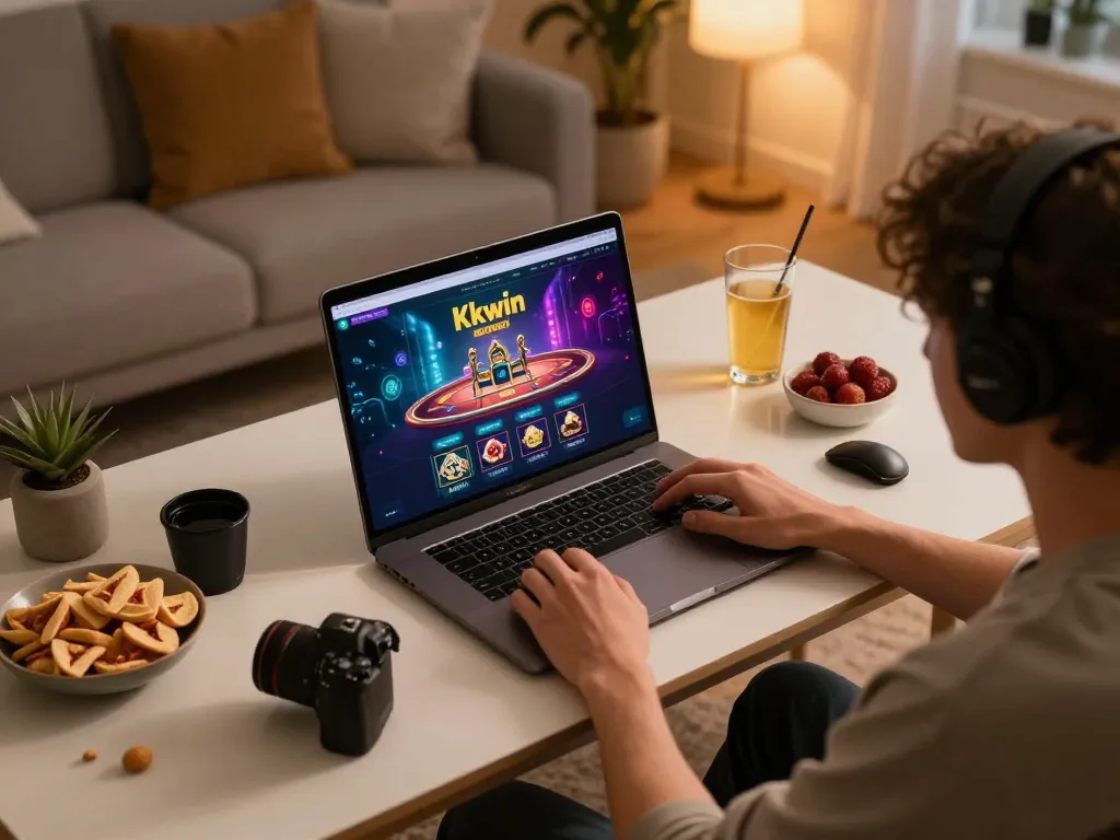 Kkwin player engaging in online gameplay on a laptop at a stylish gaming setup, surrounded by snacks.