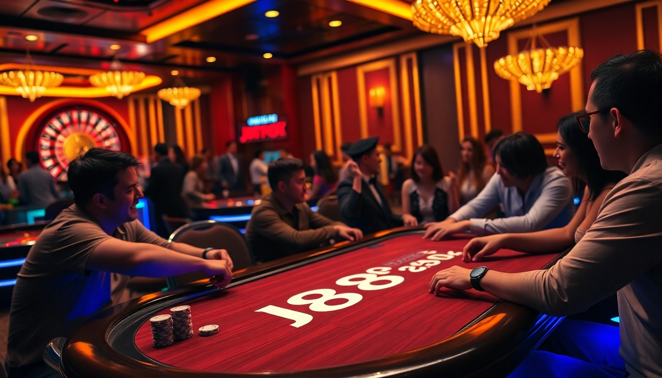 Engage at the J88 poker table surrounded by casino excitement and vibrant gameplay.