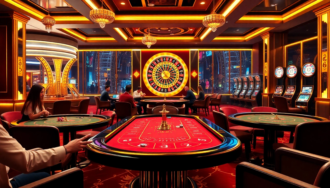 Exciting gamblers enjoying games at au88 casino, showcasing luxurious tables and vibrant atmosphere.