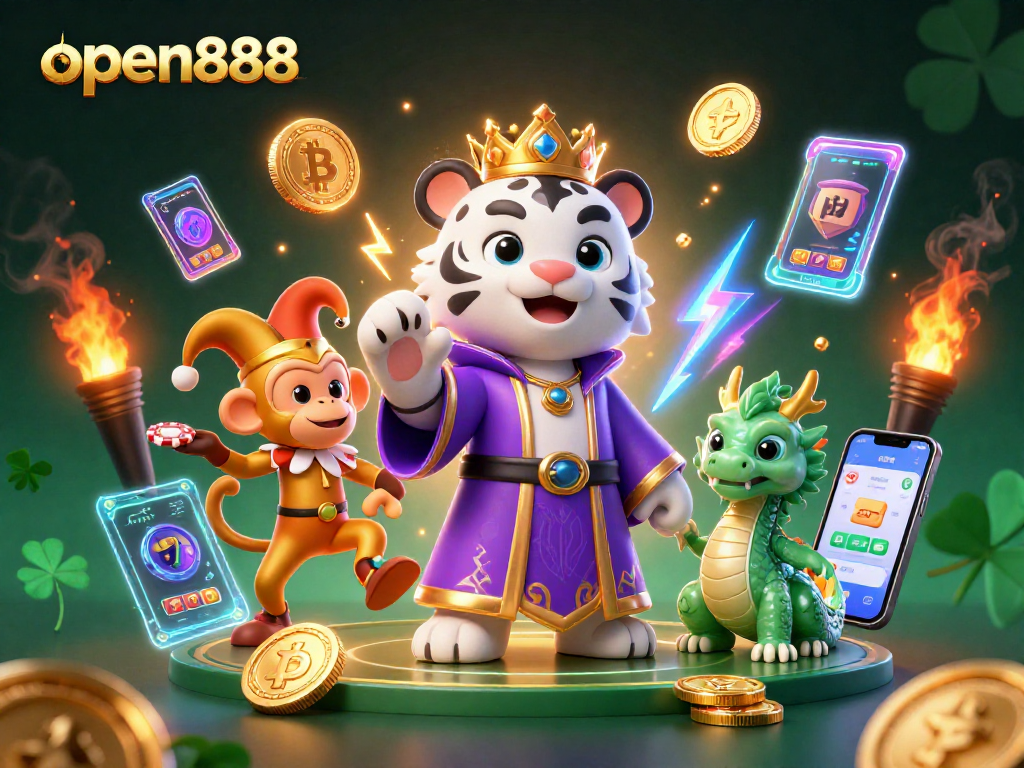 Experience open888's dynamic casino atmosphere with a vibrant 3D scene featuring a white tiger, monkey, and dragon.