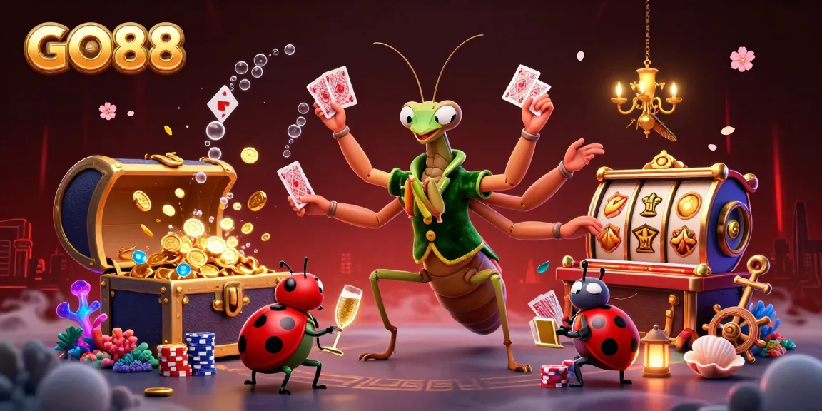 Experience GO88's dynamic gaming universe with a giant praying mantis card sharp amidst sparkling treasures.