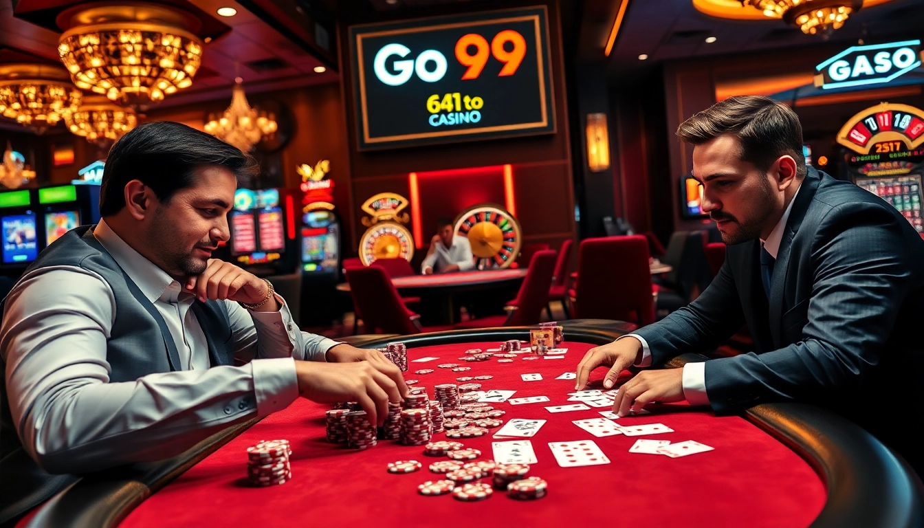 Players enjoying a high-stakes game at a Go99-themed casino, showcasing excitement and luxury.