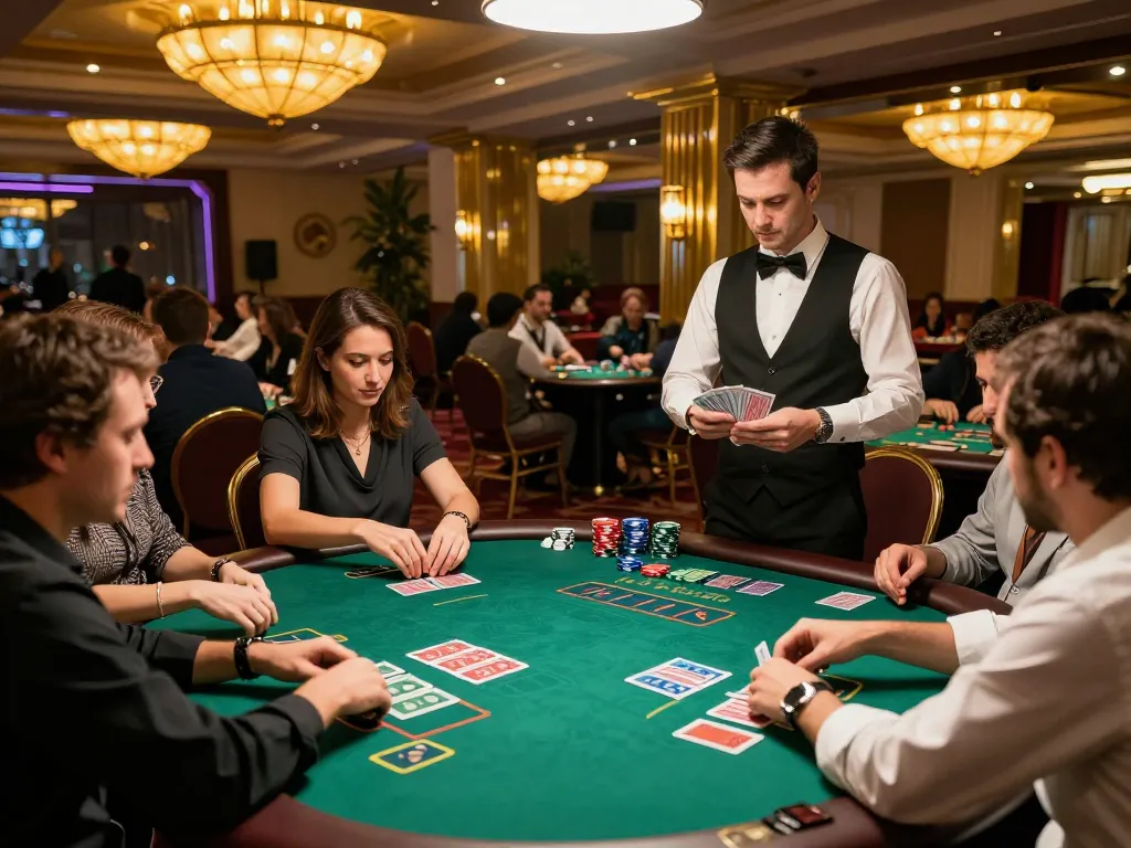 Players engage in card games on the casino floor at https://ok365.best/, capturing the vibrant atmosphere.