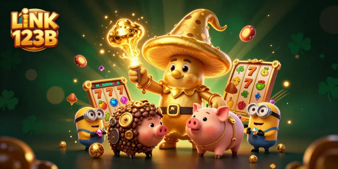 Win big with LINK 123B in this vibrant 3D casino-themed illustration filled with magical treasures.