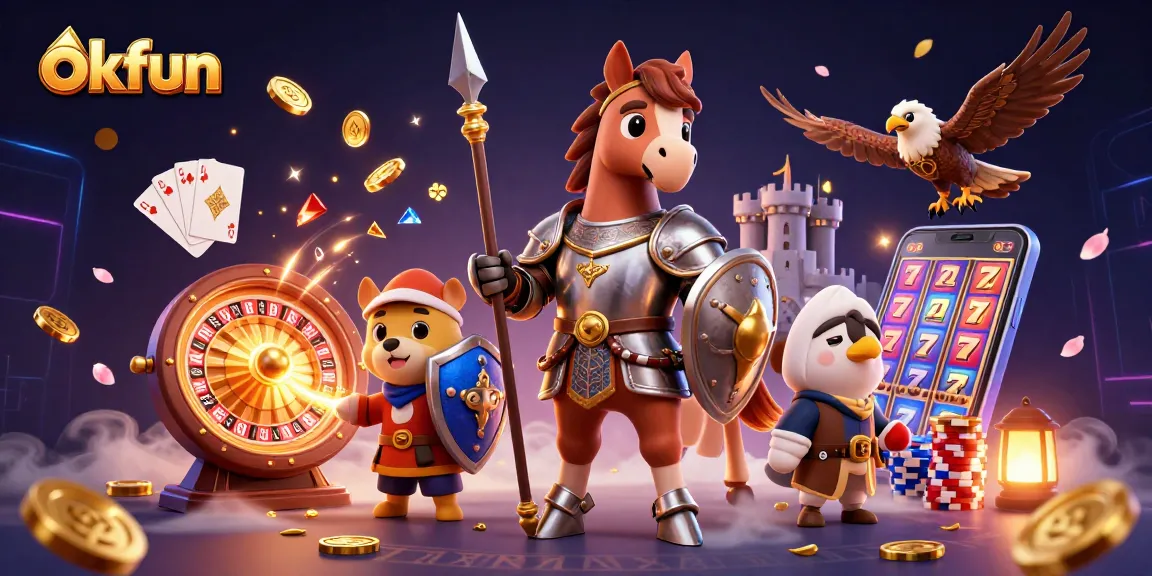 Experience excitement at okfun with dynamic casino games amid cascades of coins and vibrant gaming elements.