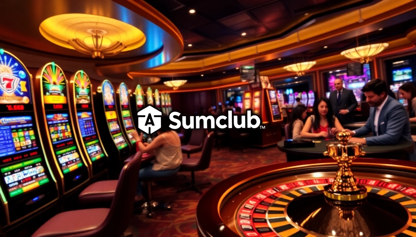 Excited players betting at Sumclub’s casino tables with vibrant slot machines and roulette.