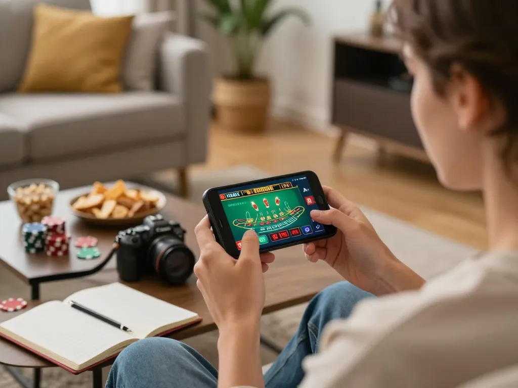 LC88 player enjoying a live dealer blackjack game on their smartphone in a cozy home setting