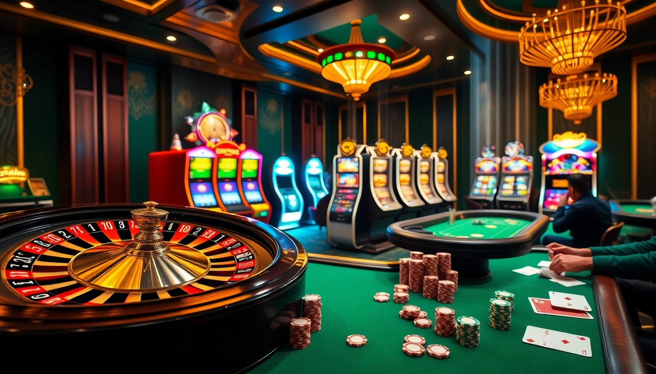 Dynamic online gambling scene at nhà cái sky88 featuring roulette, slot machines, and engaged players.