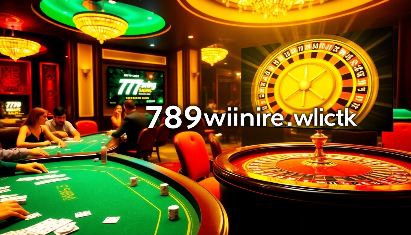 Exciting casino scene at https://789win1.black/ featuring enthusiastic players at poker tables and a roulette wheel spinning.