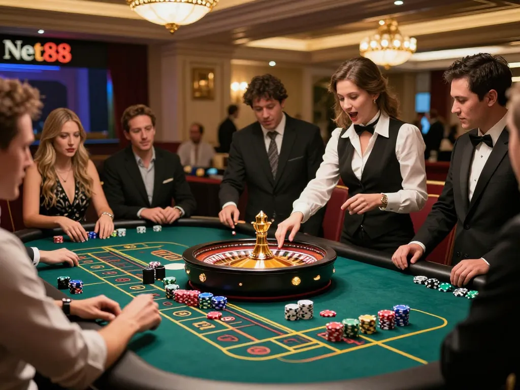 Players enjoying a dynamic roulette game at Net88, showcasing vibrant casino atmosphere and excitement.