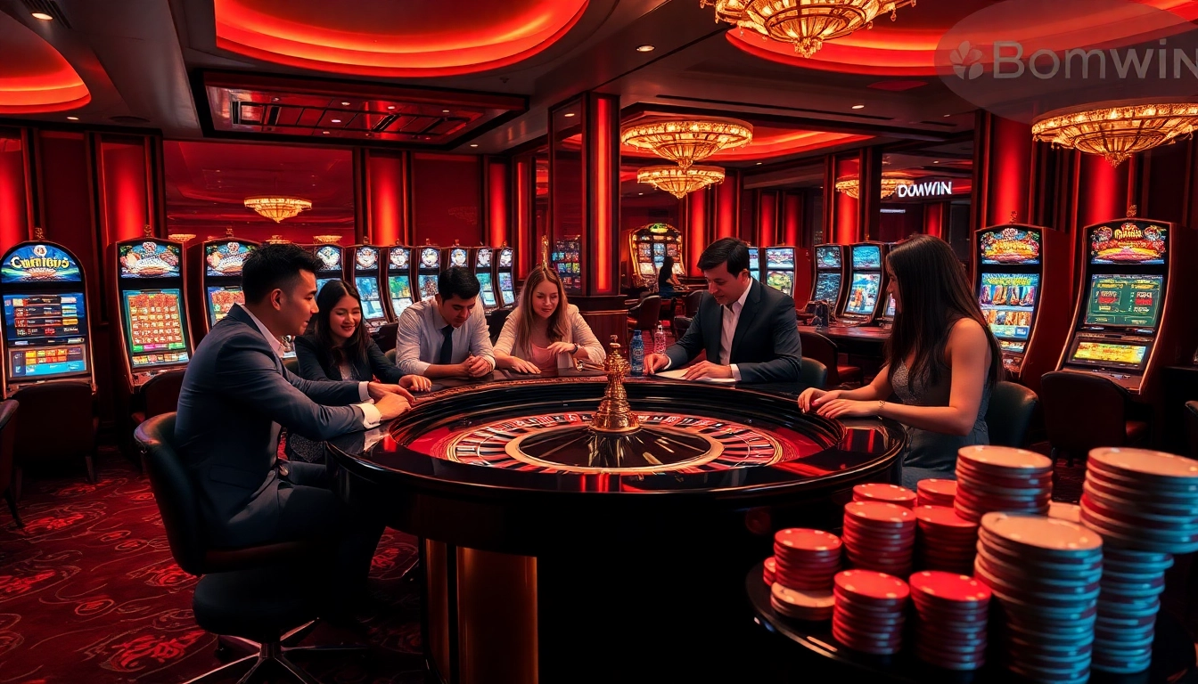 Experience the excitement of Bomwin at a luxurious casino, featuring roulette and slot machines.