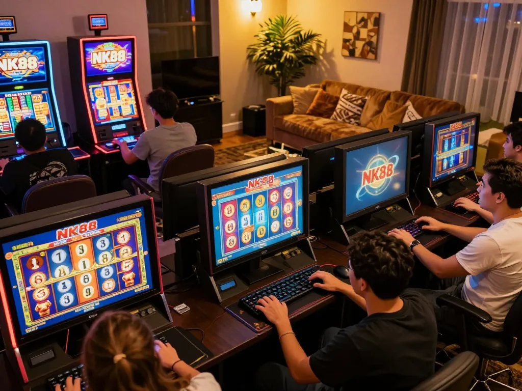 Players enjoying NK88 slot games on mobile devices, showcasing remote gaming excitement.