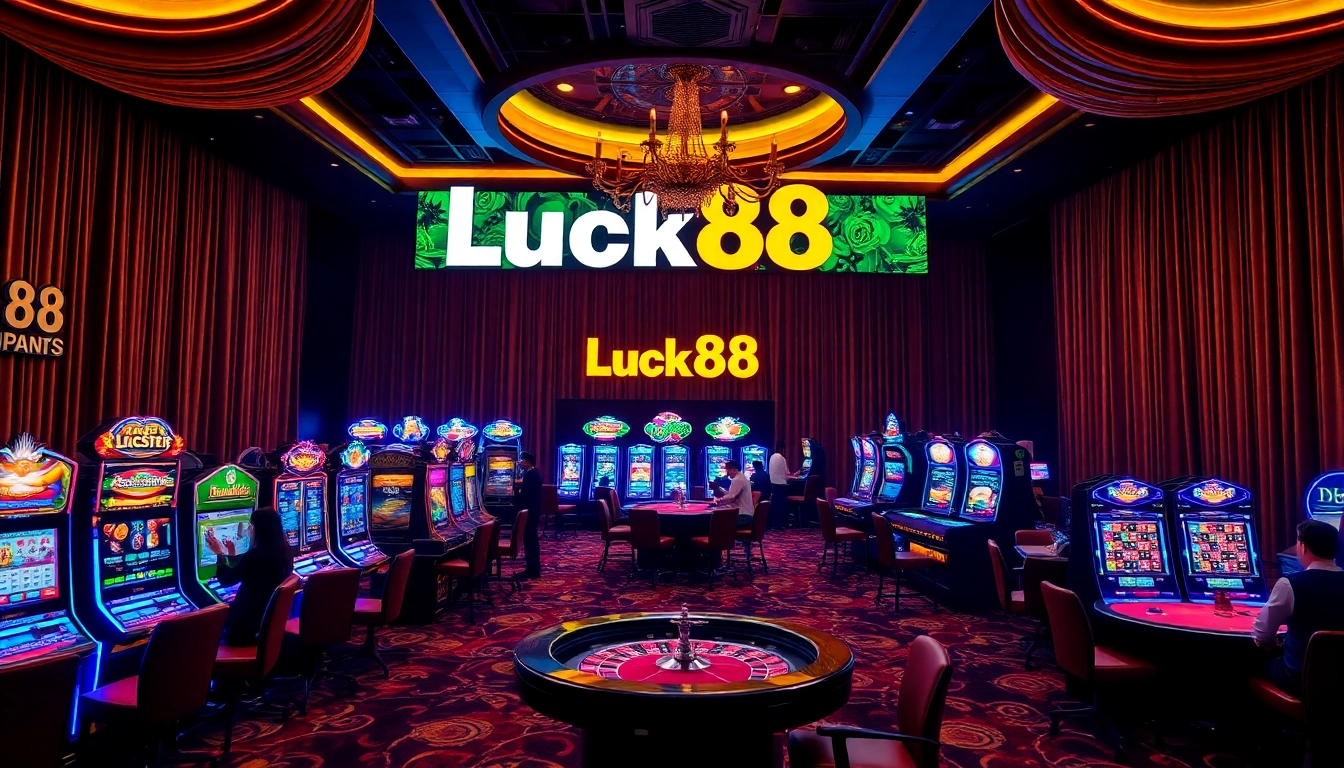 Luck88 casino excitement with players at slot machines and roulette tables in a glamorous setting.