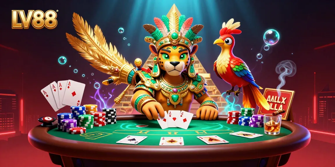 Experience the vibrant world of LV88 with dynamic poker action and Mayan themed characters.