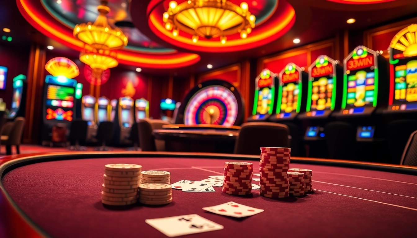 Experience the thrill of gambling with 32win at a luxurious poker table, complete with vibrant chips and cards.