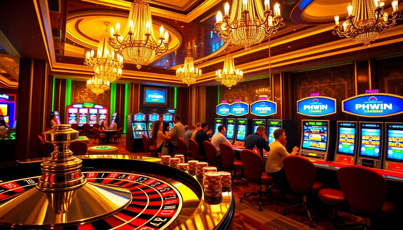 Players celebrate winnings at PHWIN, showcasing vibrant casino atmosphere with roulette and slot games.