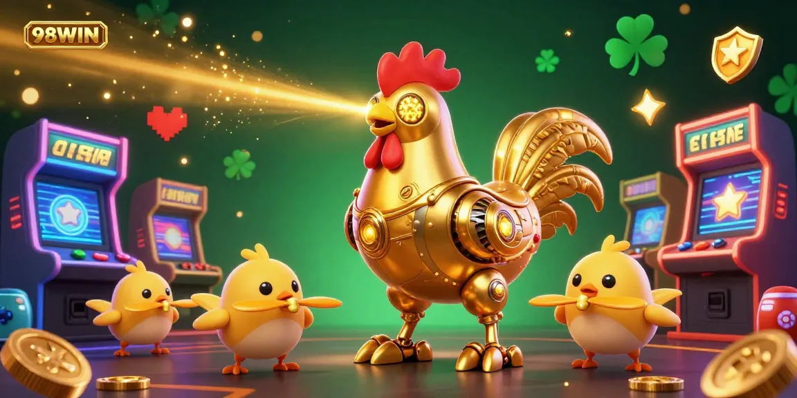Experience the excitement at 98WIN with a golden rooster robot and baby chick drones in a vibrant casino setting.