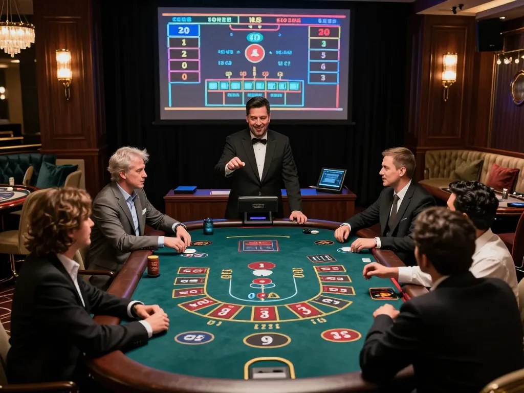 Luck8 players engaging in Baccarat at a luxury live casino, showcasing heated gameplay and excitement.