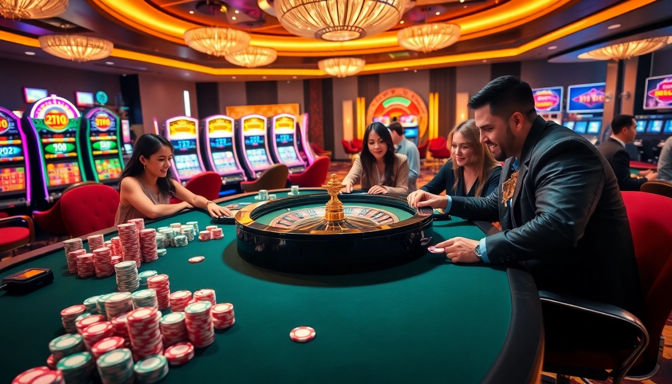 Players engaging with King88 at a luxury casino table with vibrant slot machines in the background.