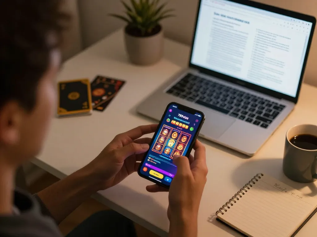Engaging with the 789club casino app on a smartphone in a cozy home setting