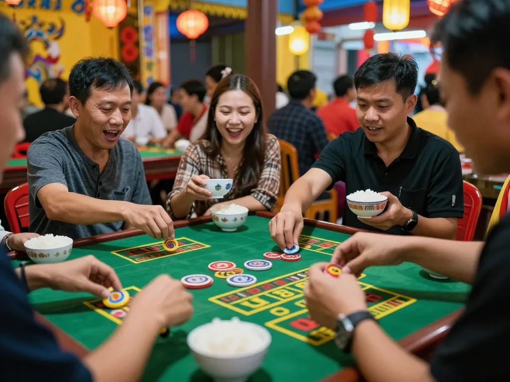Xóc đĩa game in action with players placing bets at a lively festival scene.