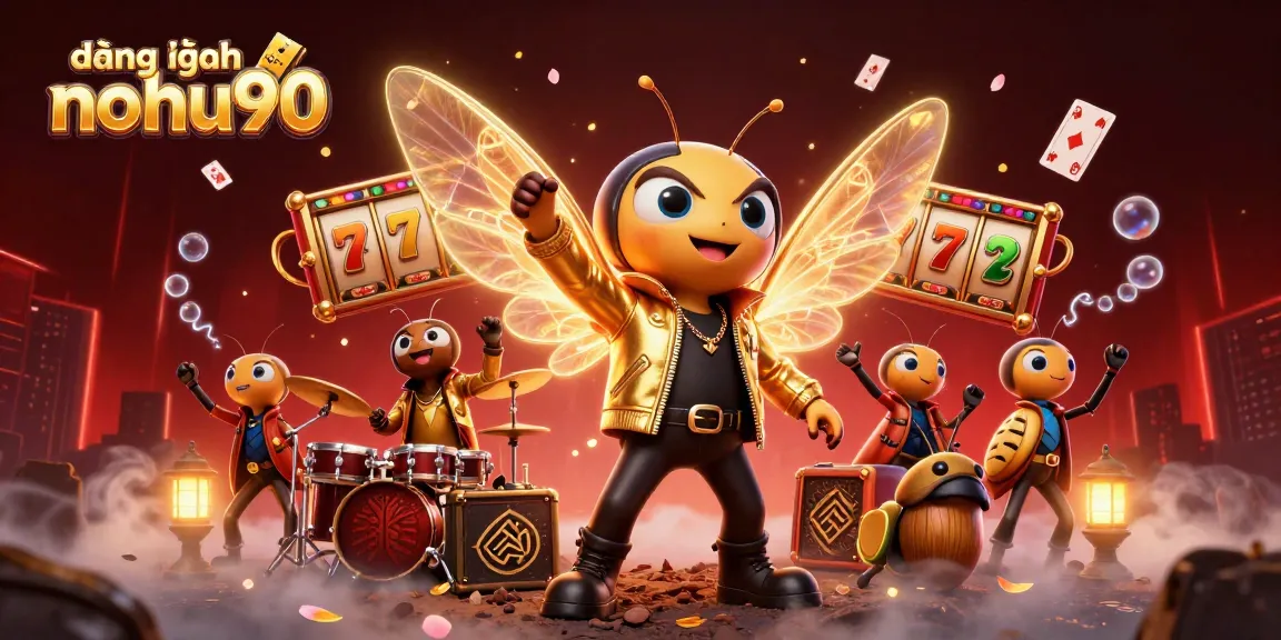 Engaging scene bringingชีวิต to đăng nhập nohu90 with a vibrant 3D illustration showcasing a rock star cicada and dynamic casino elements.
