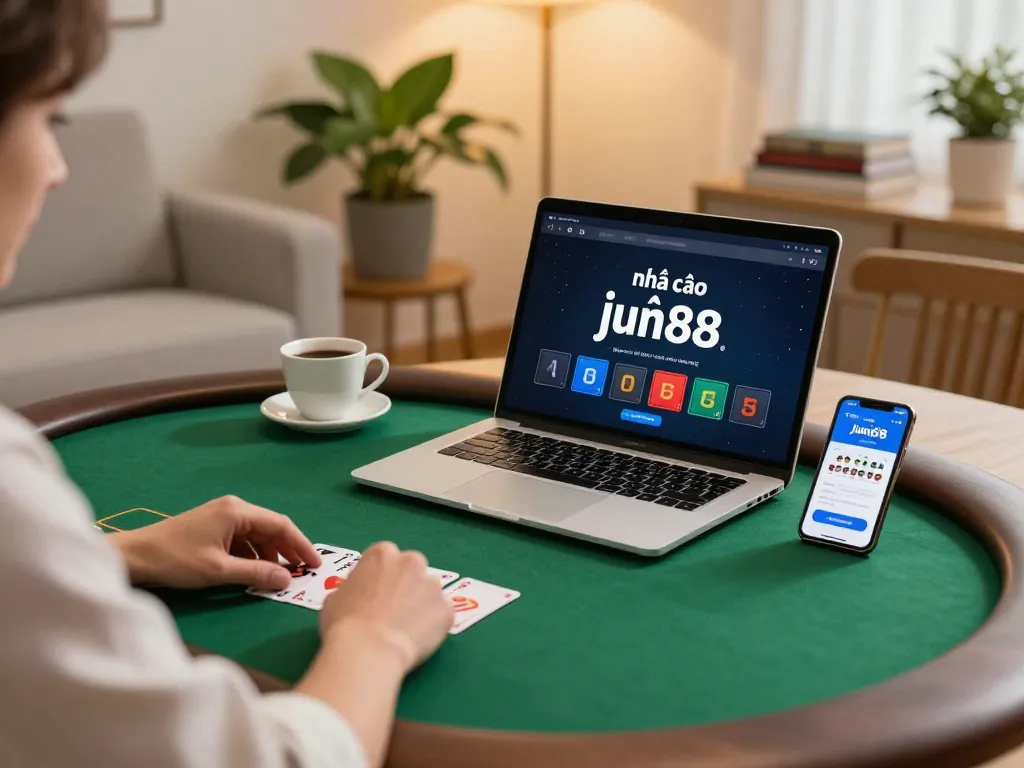 Player enjoying poker on laptop at home with nha cai jun88 app open, showcasing online gambling atmosphere.